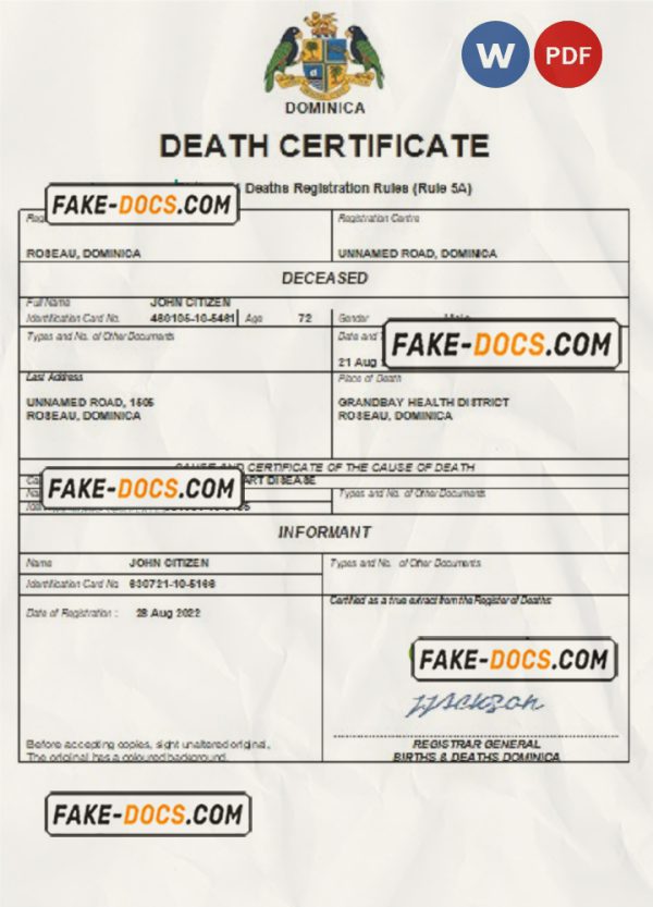 Dominica vital record death certificate Word and PDF template scan