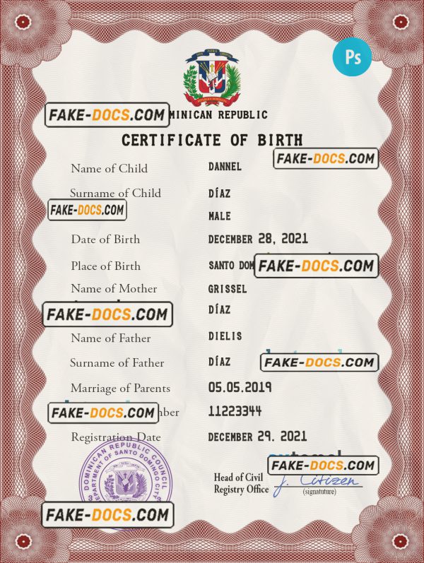 Dominican Republic vital record birth certificate PSD template, completely editable scan