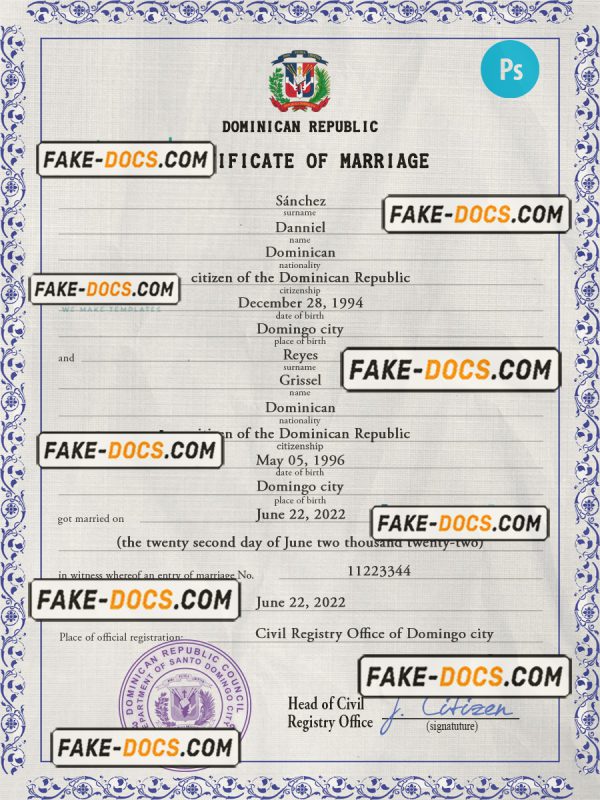 Dominican Republic marriage certificate PSD template, fully editable