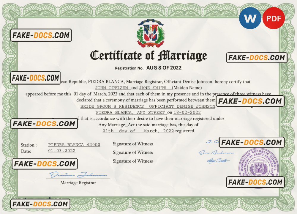 Dominican Republic marriage certificate Word and PDF template, fully editable scan