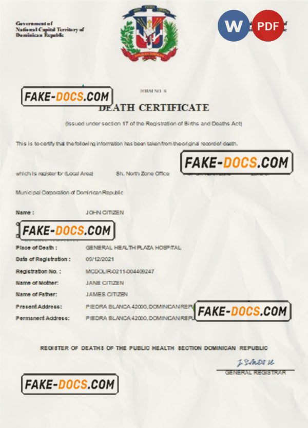 Dominican Republic death certificate Word and PDF template, completely editable scan
