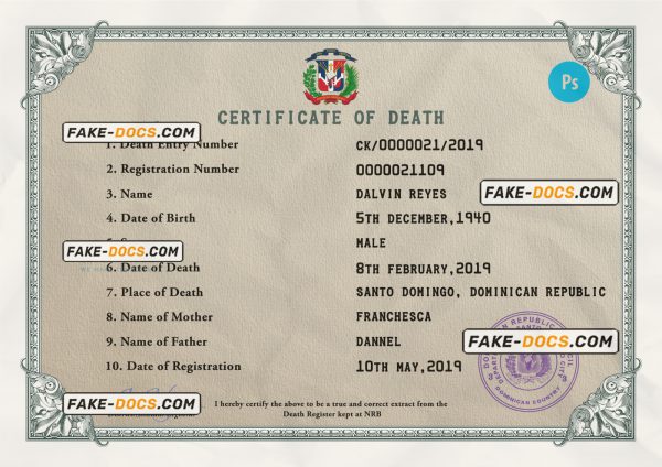 Dominican Republic vital record death certificate PSD template