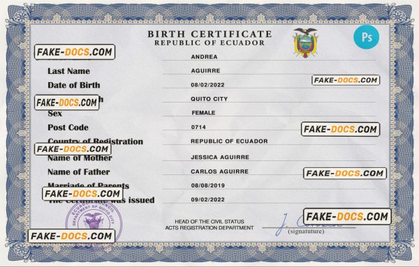 Ecuador birth certificate PSD template, completely editable