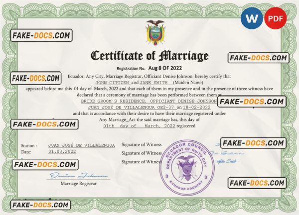 Ecuador marriage certificate Word and PDF template, completely editable scan