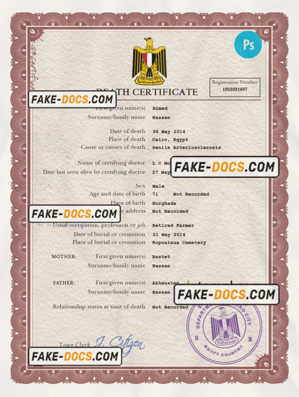 Egypt death certificate PSD template, completely editable