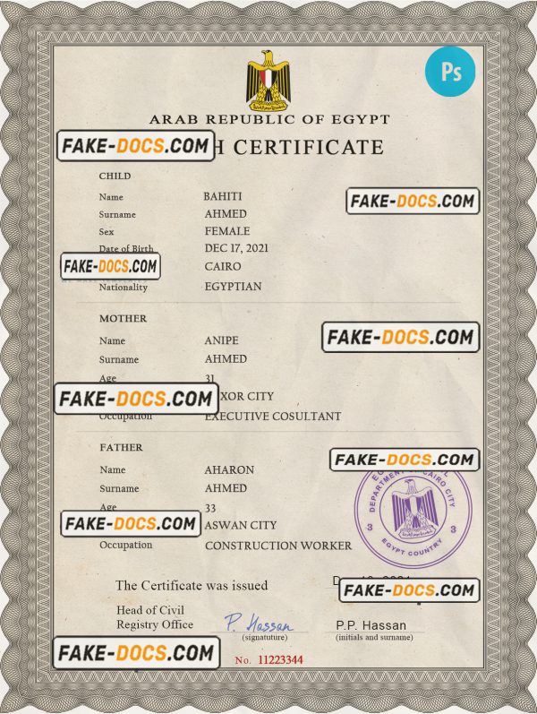 Egypt vital record birth certificate PSD template, fully editable