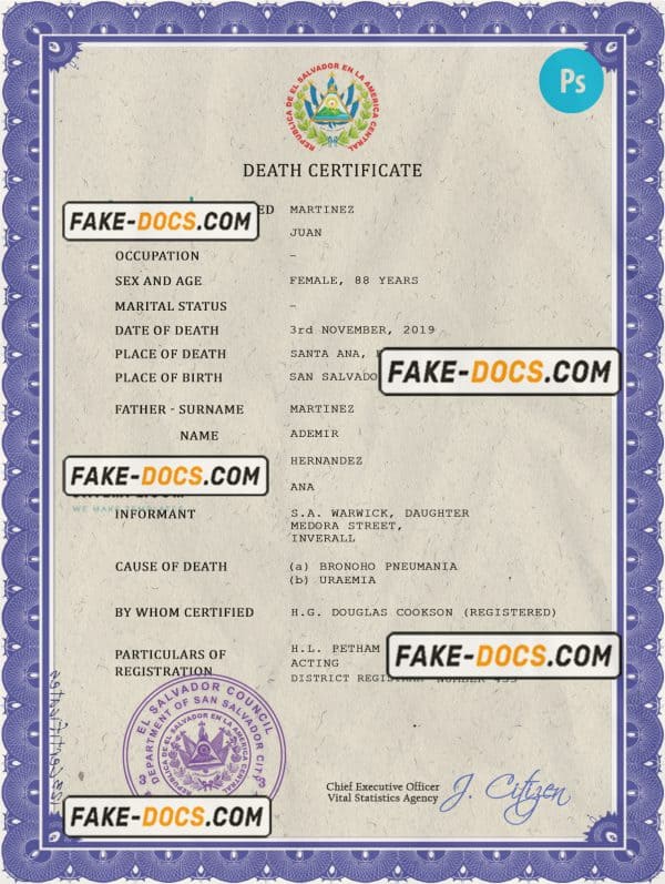 El Salvador vital record death certificate PSD template
