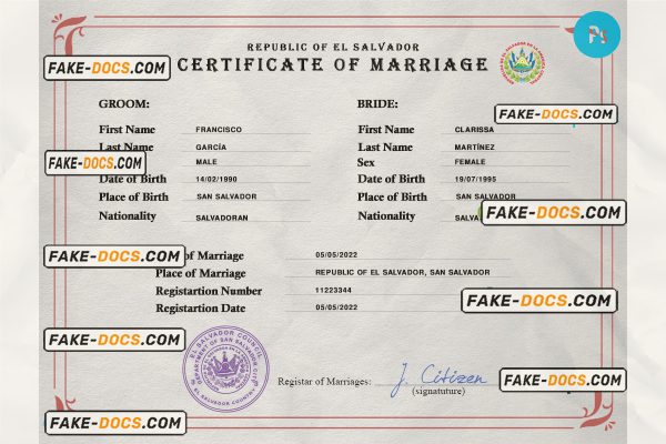 El Salvador marriage certificate PSD template, completely editable
