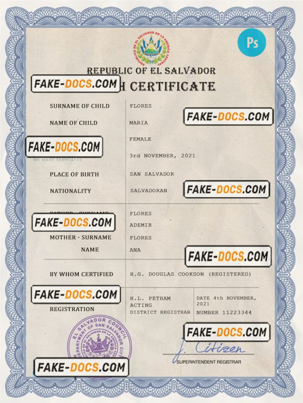 El Salvador vital record birth certificate PSD template, completely editable