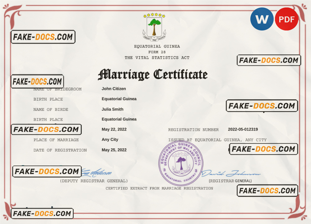 Equatorial Guinea marriage certificate Word and PDF template, fully editable scan