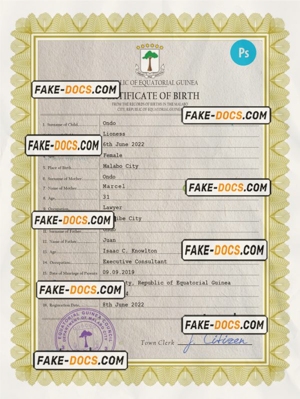 Equatorial Guinea birth certificate PSD template, completely editable