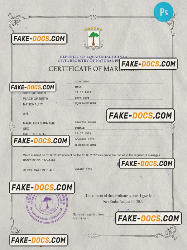 Equatorial Guinea marriage certificate PSD template, fully editable