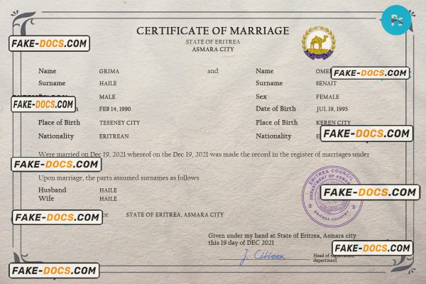 Eritrea marriage certificate PSD template, completely editable