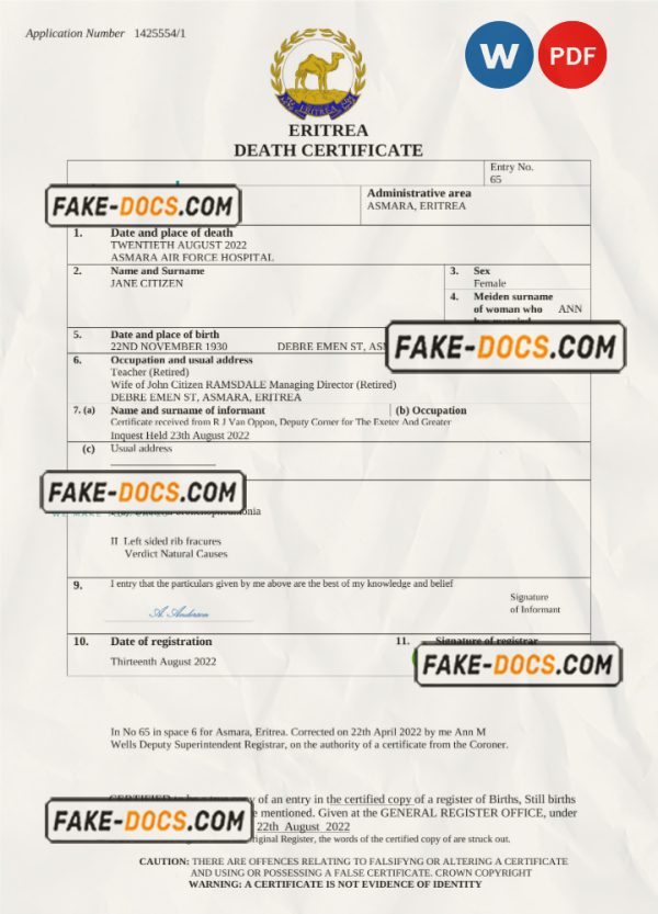 Eritrea vital record death certificate Word and PDF template scan