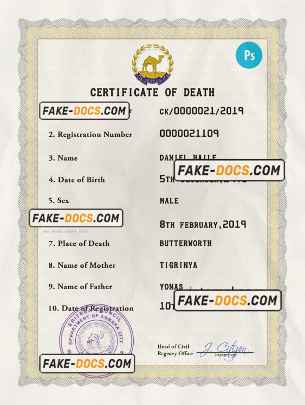 Eritrea vital record death certificate PSD template, fully editable scan