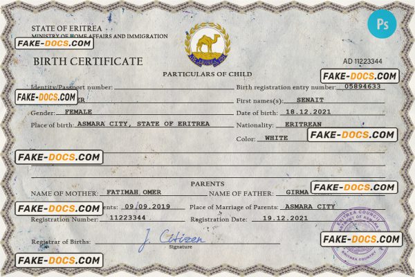Eritrea vital record birth certificate PSD template, fully editable