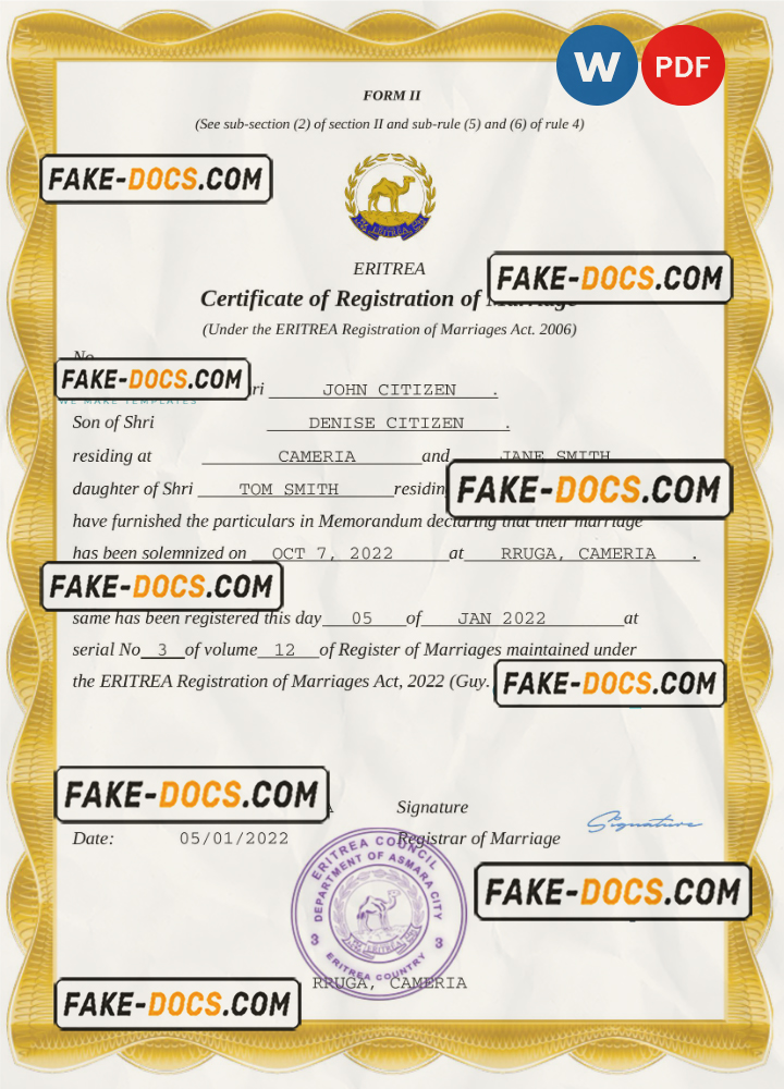 Eritrea marriage certificate Word and PDF template, completely editable scan