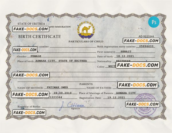 Eritrea vital record birth certificate PSD template, fully editable