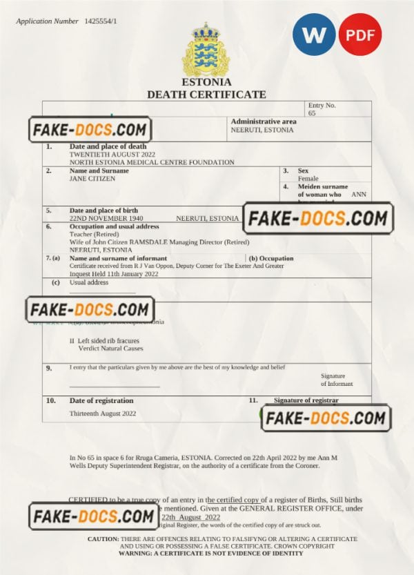 Estonia death certificate Word and PDF template, completely editable