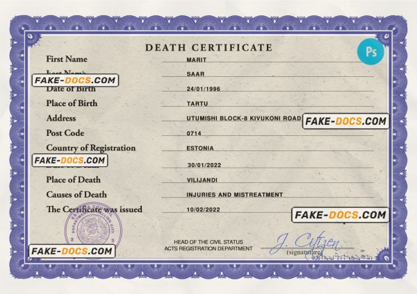 Estonia death certificate PSD template, completely editable scan