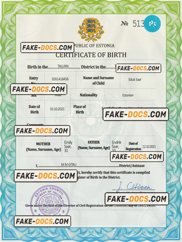 Estonia vital record birth certificate PSD template scan