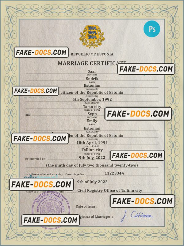 Estonia marriage certificate PSD template, fully editable