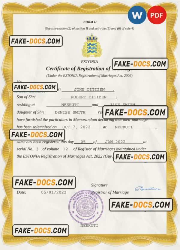 Estonia marriage certificate Word and PDF template, fully editable scan