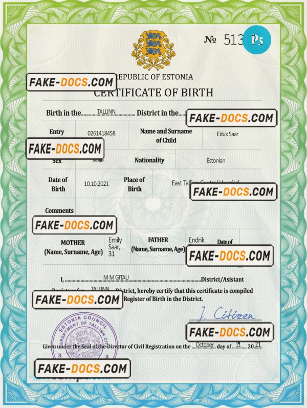 Estonia vital record birth certificate PSD template