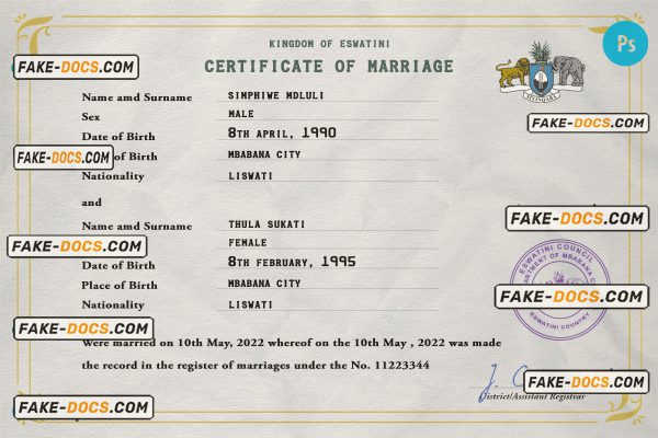 Eswatini marriage certificate PSD template, completely editable scan