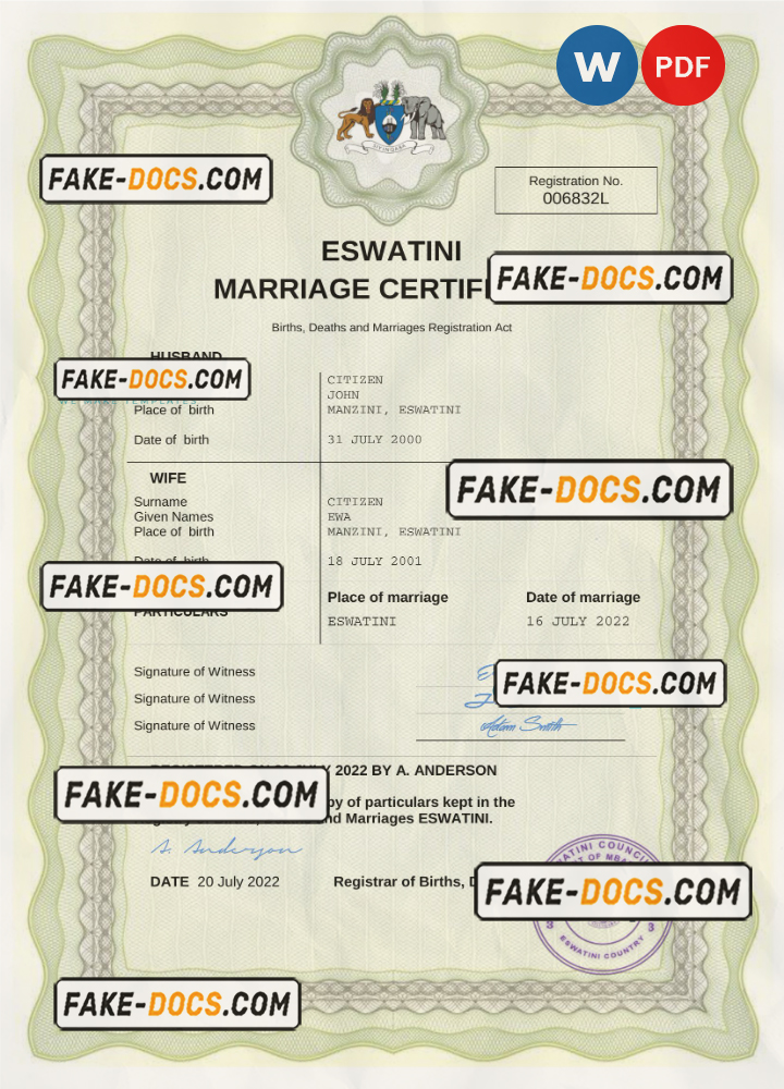 Eswatini marriage certificate Word and PDF template, completely editable scan