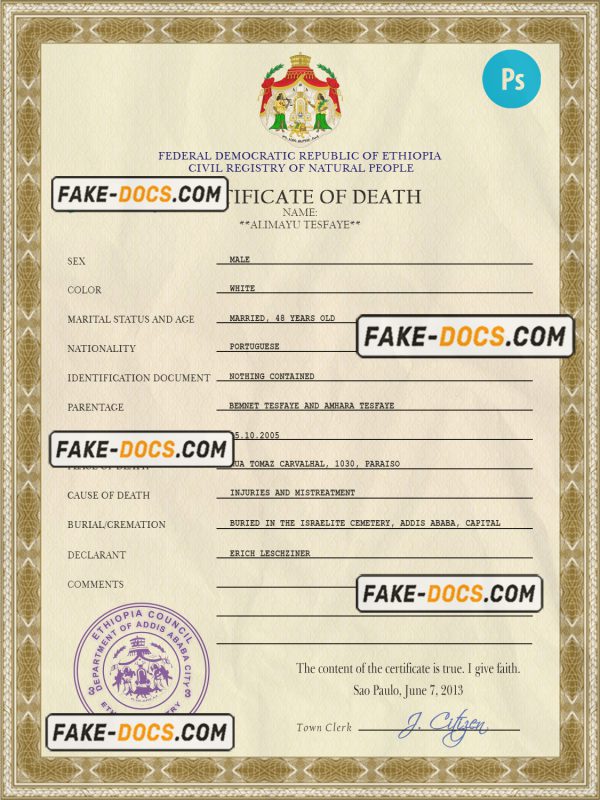 Ethiopia vital record death certificate PSD template scan