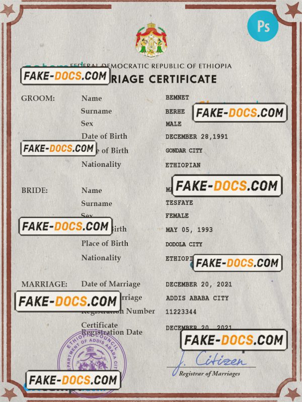 Ethiopia marriage certificate PSD template, fully editable scan