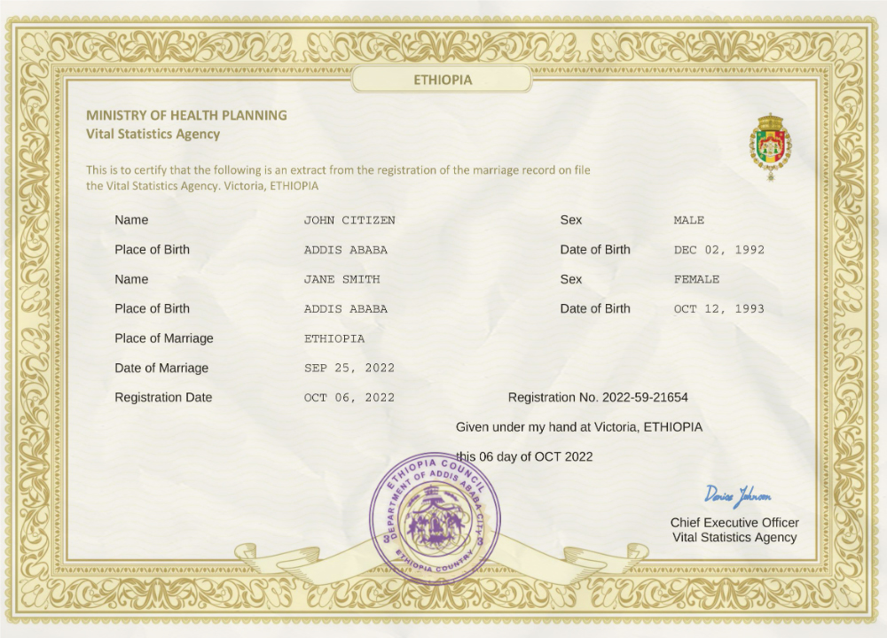 Ethiopia marriage certificate Word and PDF template, fully editable scan scan