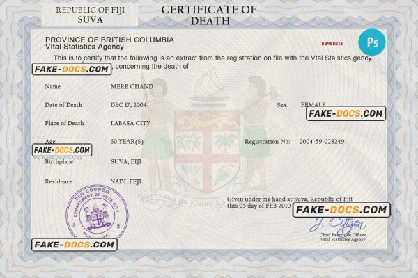 Fiji death certificate PSD template, completely editable scan