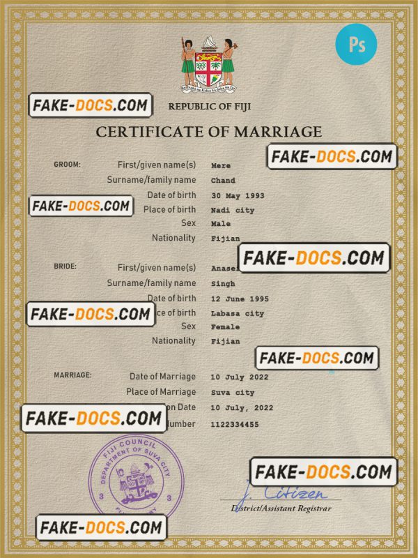 Fiji marriage certificate PSD template, completely editable scan