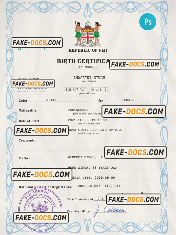 Fiji vital record birth certificate PSD template, fully editable scan