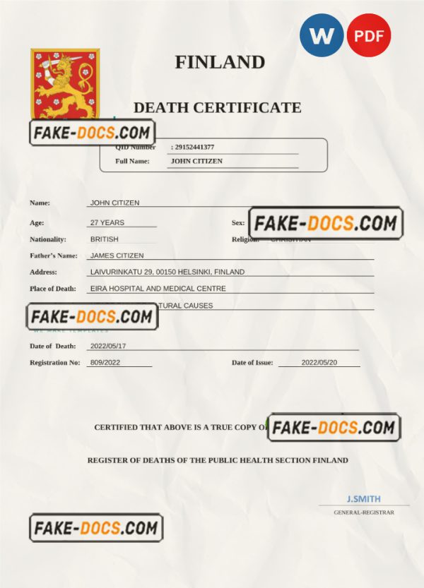 Finland death certificate Word and PDF template, completely editable scan