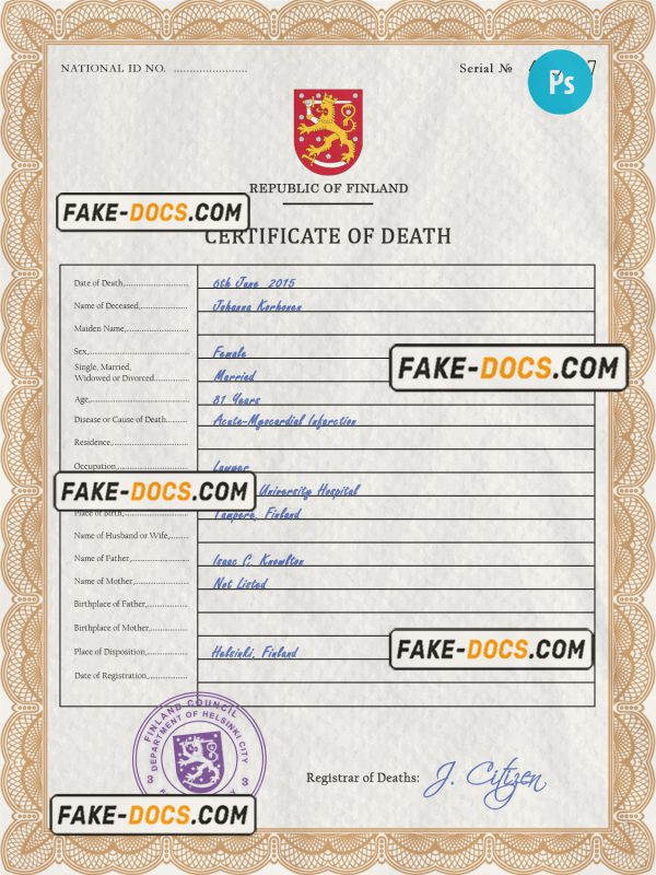 Finland death certificate PSD template, completely editable scan