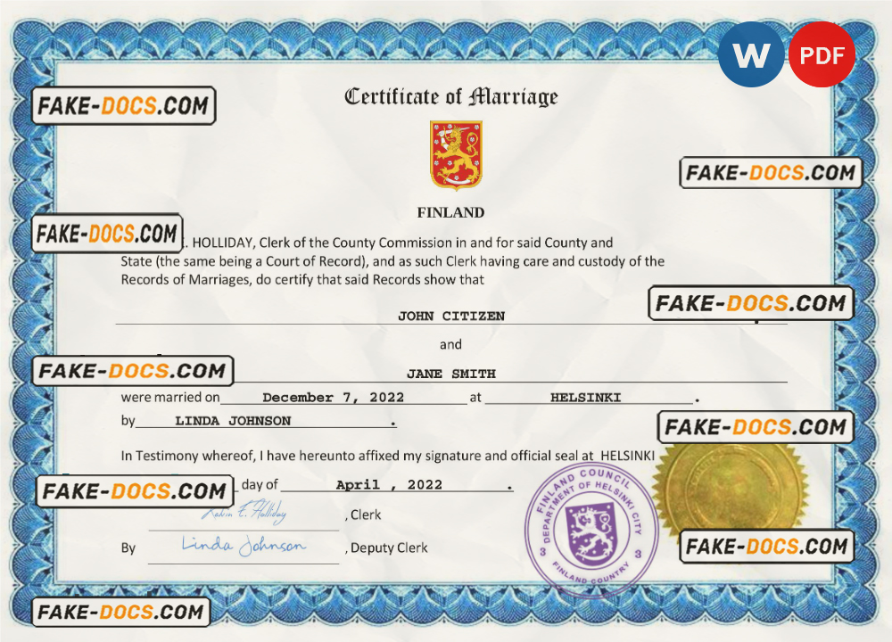 Finland marriage certificate Word and PDF template, fully editable scan