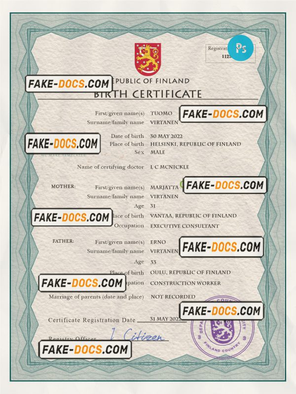 Finland vital record birth certificate PSD template scan