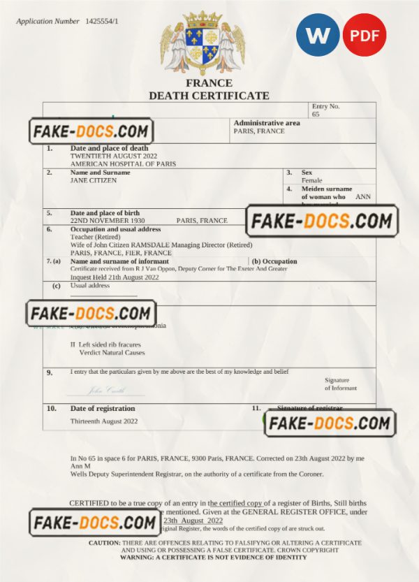 France vital record death certificate Word and PDF template scan