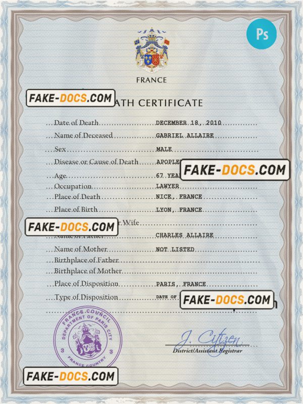 France vital record death certificate PSD template, completely editable scan