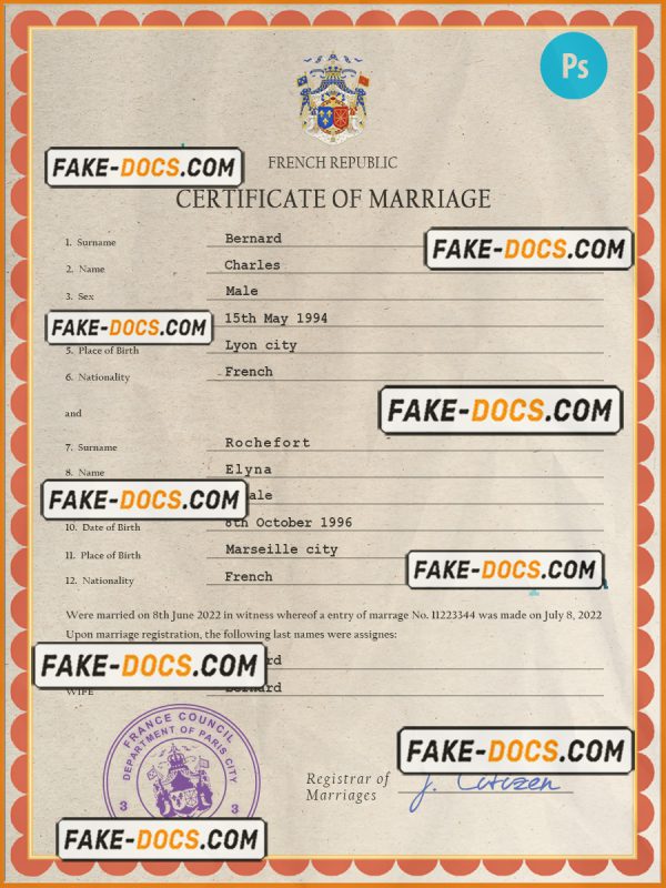 France marriage certificate PSD template, completely editable scan