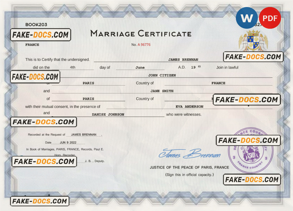 France marriage certificate Word and PDF template, completely editable scan