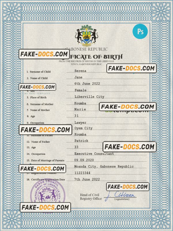 Gabon birth certificate PSD template, completely editable scan