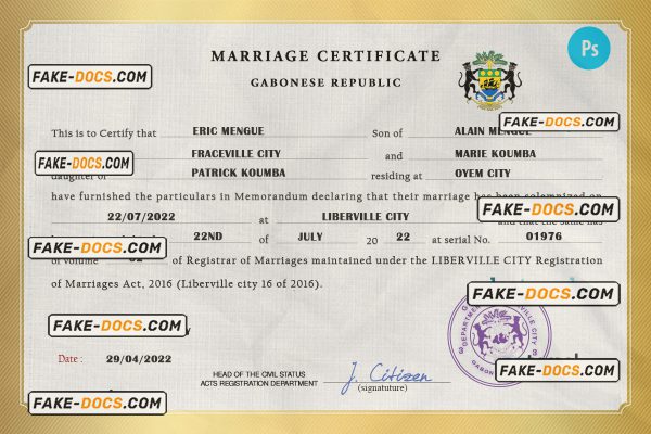 Gabon marriage certificate PSD template, fully editable scan