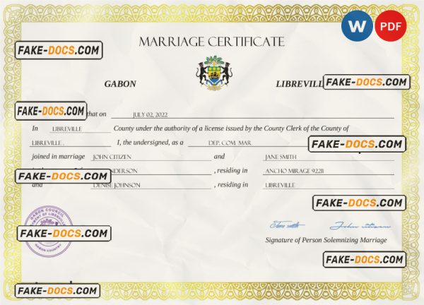 Gabon marriage certificate Word and PDF template, fully editable scan