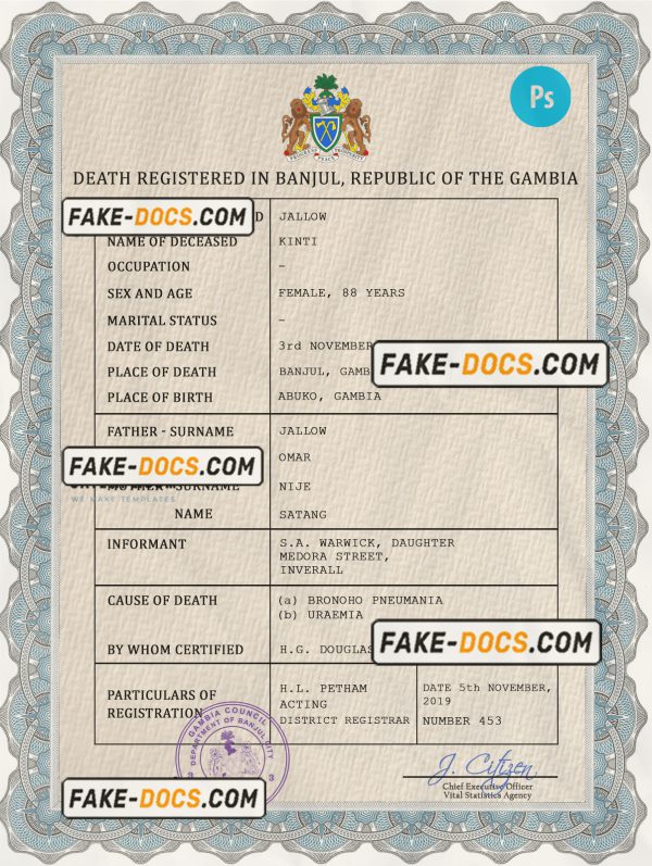 Gambia death certificate PSD template, completely editable scan