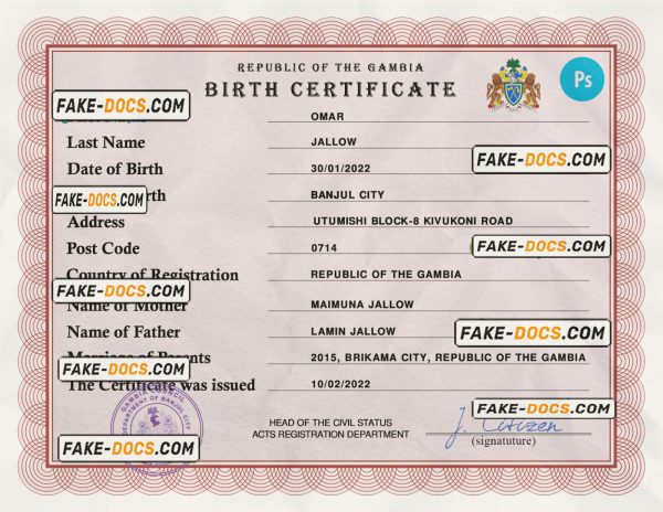 Gambia vital record birth certificate PSD template, fully editable scan