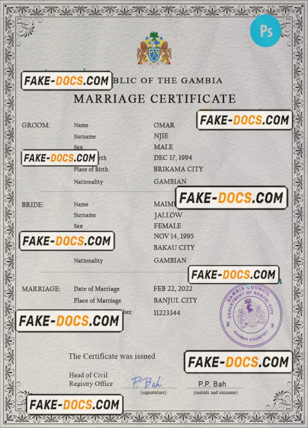Gambia marriage certificate PSD template, completely editable scan
